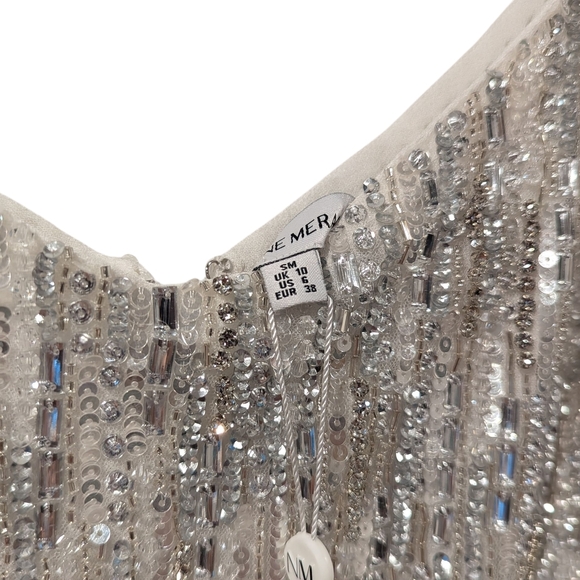 NWT Nadine Merabi Christy Silver White Beaded Sequin Crystal Feather Dress S/M/6 - Picture 6 of 16